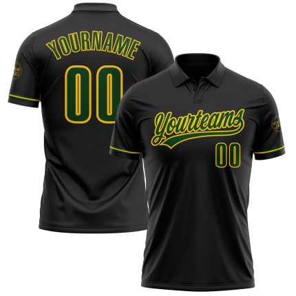 Custom Personalized Golf Polo Shirt - Black Green-Yellow Performance with Team Name & Number Personalized Black Green-Yellow
