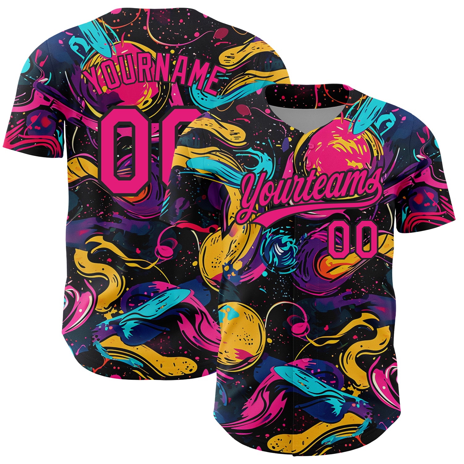 Custom Name and Number Baseball Jersey, Personalized Black and Hot Pink 3D Pattern Design Abstract Painting Personalized