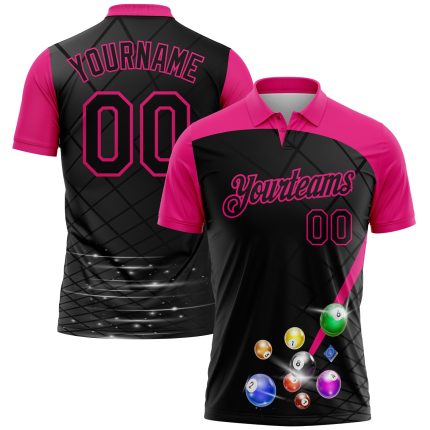 Personalized Billiards Polo Shirt with Custom Name & Number - Black and Hot Pink 3D Pattern Performance Team Shirt Personalized