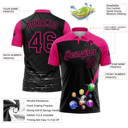 Personalized Billiards Polo Shirt with Custom Name & Number - Black and Hot Pink 3D Pattern Performance Team Shirt Personalized