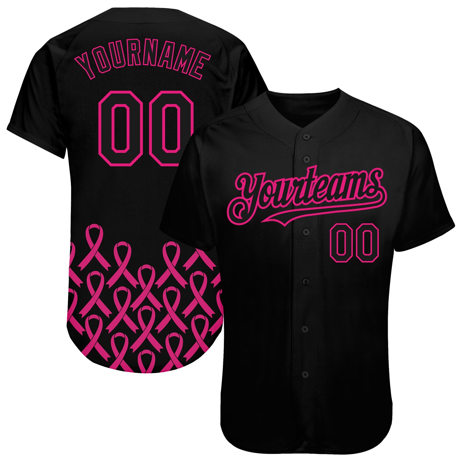 Personalized Breast Cancer Awareness Baseball Jersey for Women - Custom Black Hot Pink 3D Pink Ribbon Design with Name and Number