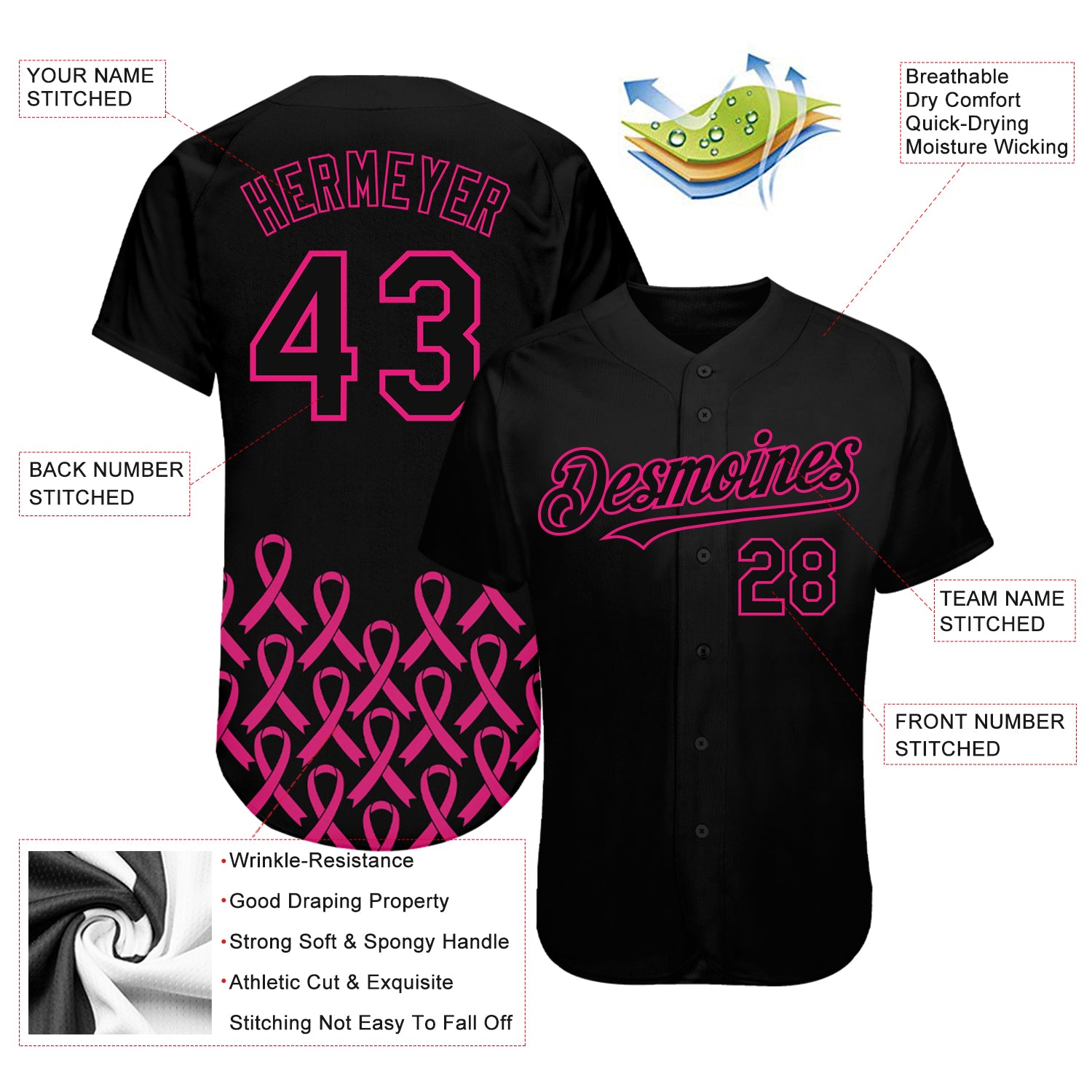 Personalized Black Hot Pink 3D Pink Ribbon Breast Cancer Awareness Month Women Health Care Support Baseball Jersey Personalized Breast Cancer Awareness Baseball Jersey for Women - Black and Hot Pink 3D Ribbon Support Gear Personalized Black - Image 3