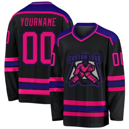 Custom Name and Number Black Hot Pink Dark Purple Hockey Jersey - Personalized Team Apparel Personalized Black Hot Pink-Dark