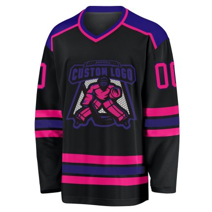 Custom Name and Number Black Hot Pink Dark Purple Hockey Jersey - Personalized Team Apparel Personalized Black Hot Pink-Dark
