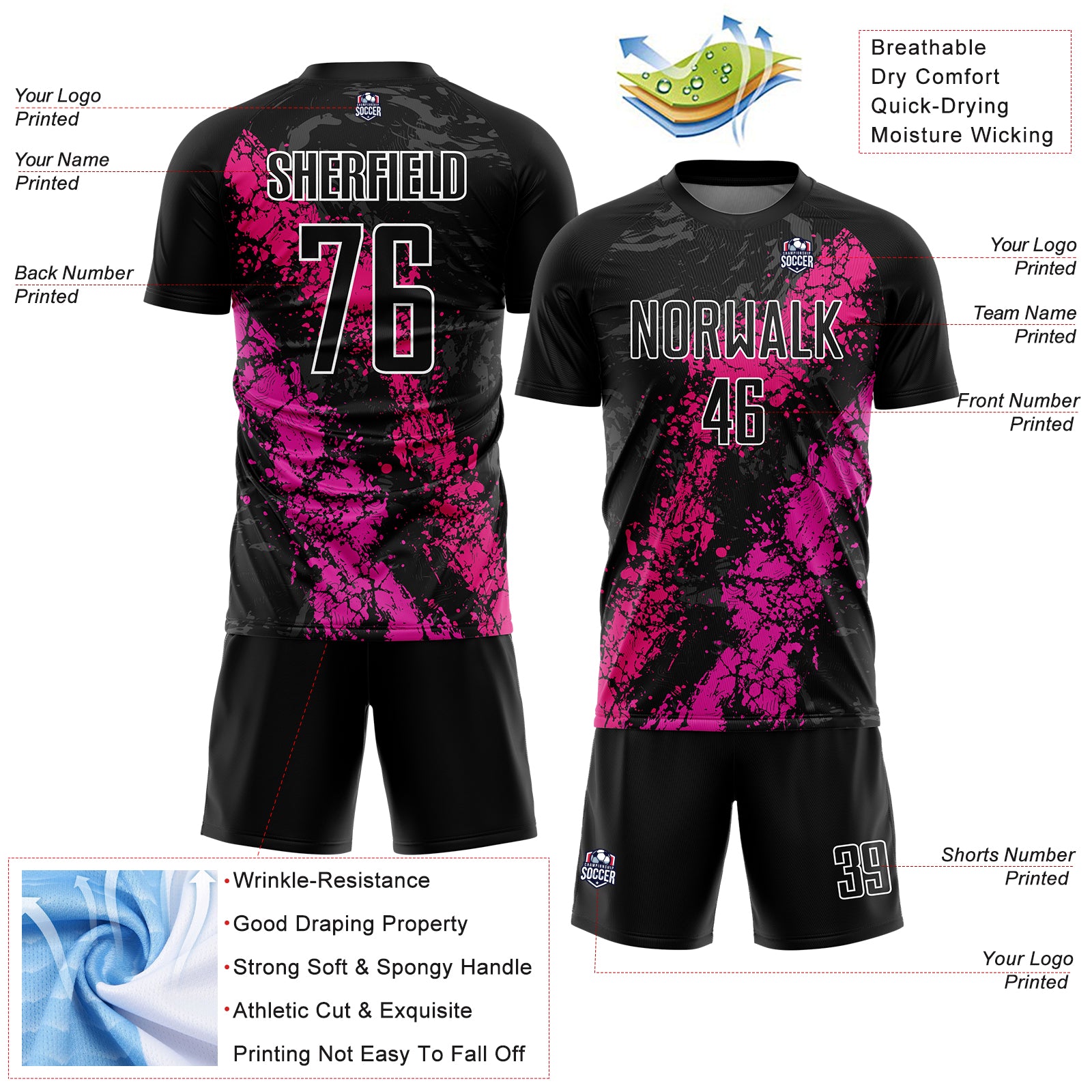 Personalized Black Hot Pink-Deep Pink Dripping Splatter Art Sublimation Soccer Uniform Jersey Personalized Black and Pink Dripping Splatter Art Soccer Uniform Jersey Personalized Black Hot Pink-Deep Pink Dripping Splatter - Image 4