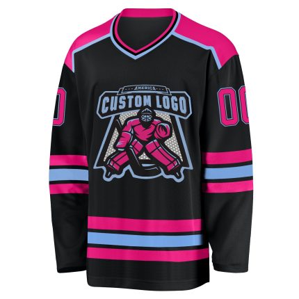 Personalized Black Hot Pink Light Blue Hockey Jersey for Women, Customizable Team Apparel Personalized Black Hot Pink-Light