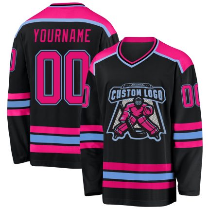 Personalized Black Hot Pink Light Blue Hockey Jersey for Women, Customizable Team Apparel Personalized Black Hot Pink-Light
