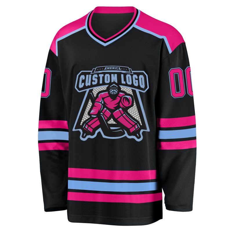 Custom Name and Number Personalized Black Hot Pink Light Blue Hockey Jersey for Teams Personalized Black Hot Pink-Light Blue