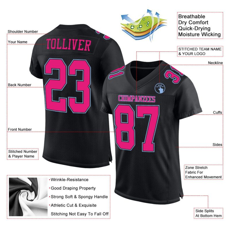 Custom Black Hot Pink Light Blue Mesh Football Jersey - Personalized Sports Apparel Personalized Black Hot Pink-Light Blue