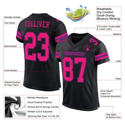 Custom Hot Pink Purple Black Mesh Football Jersey with Personalized Name and Number - Authentic Team Gear Personalized Black