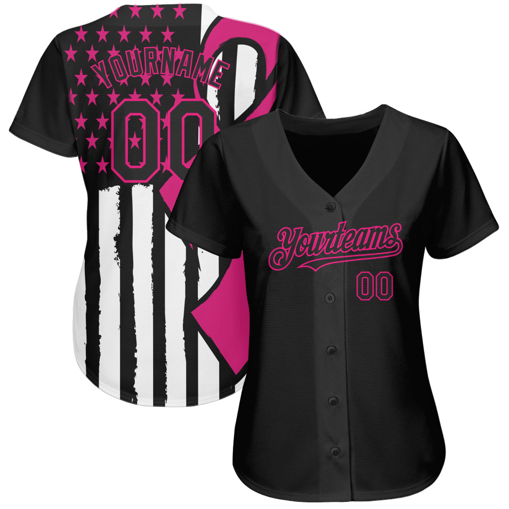 Personalized 3D Pink Ribbon Breast Cancer Awareness Baseball Jersey for Women - Black Hot Pink White Color Support Apparel - Image 2