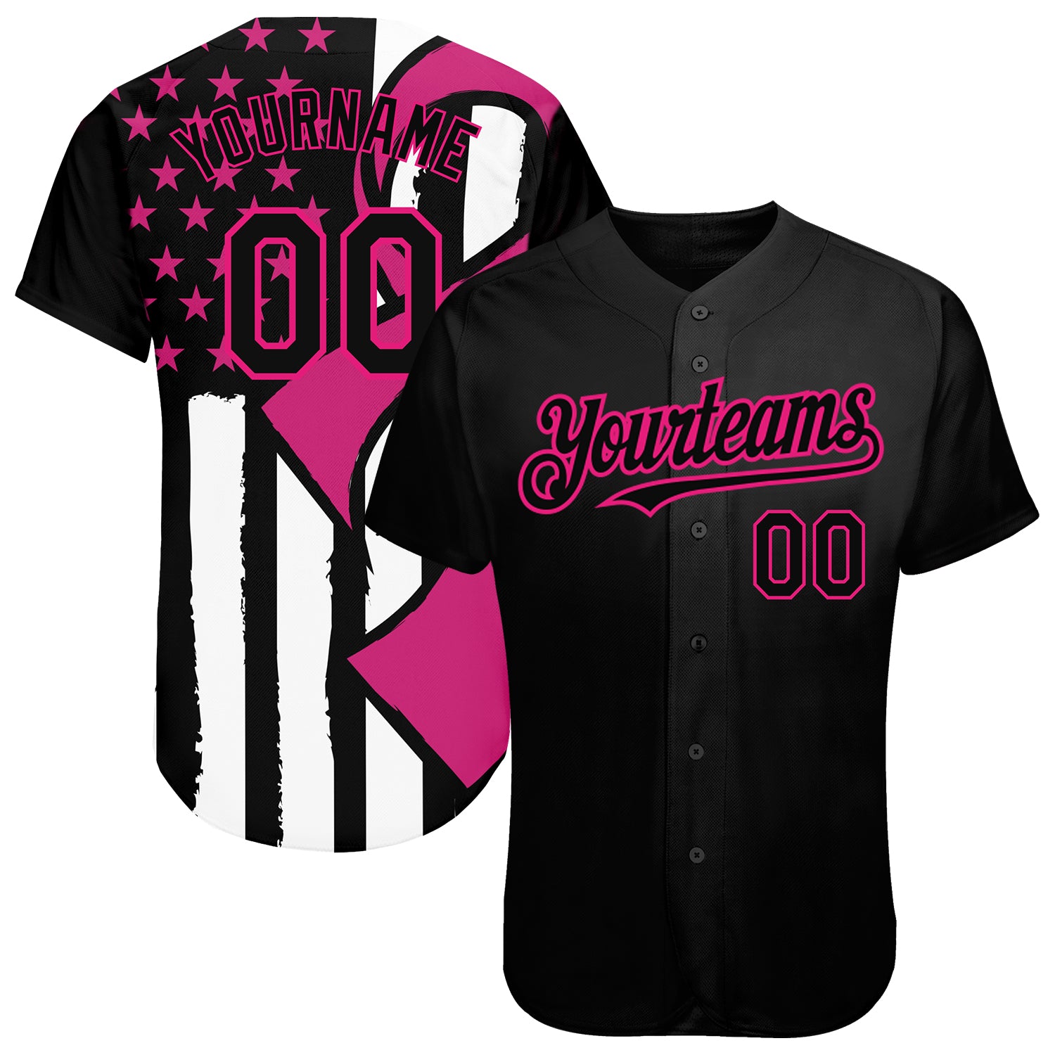 Personalized 3D Pink Ribbon Breast Cancer Awareness Baseball Jersey for Women - Black Hot Pink White Color Support Apparel