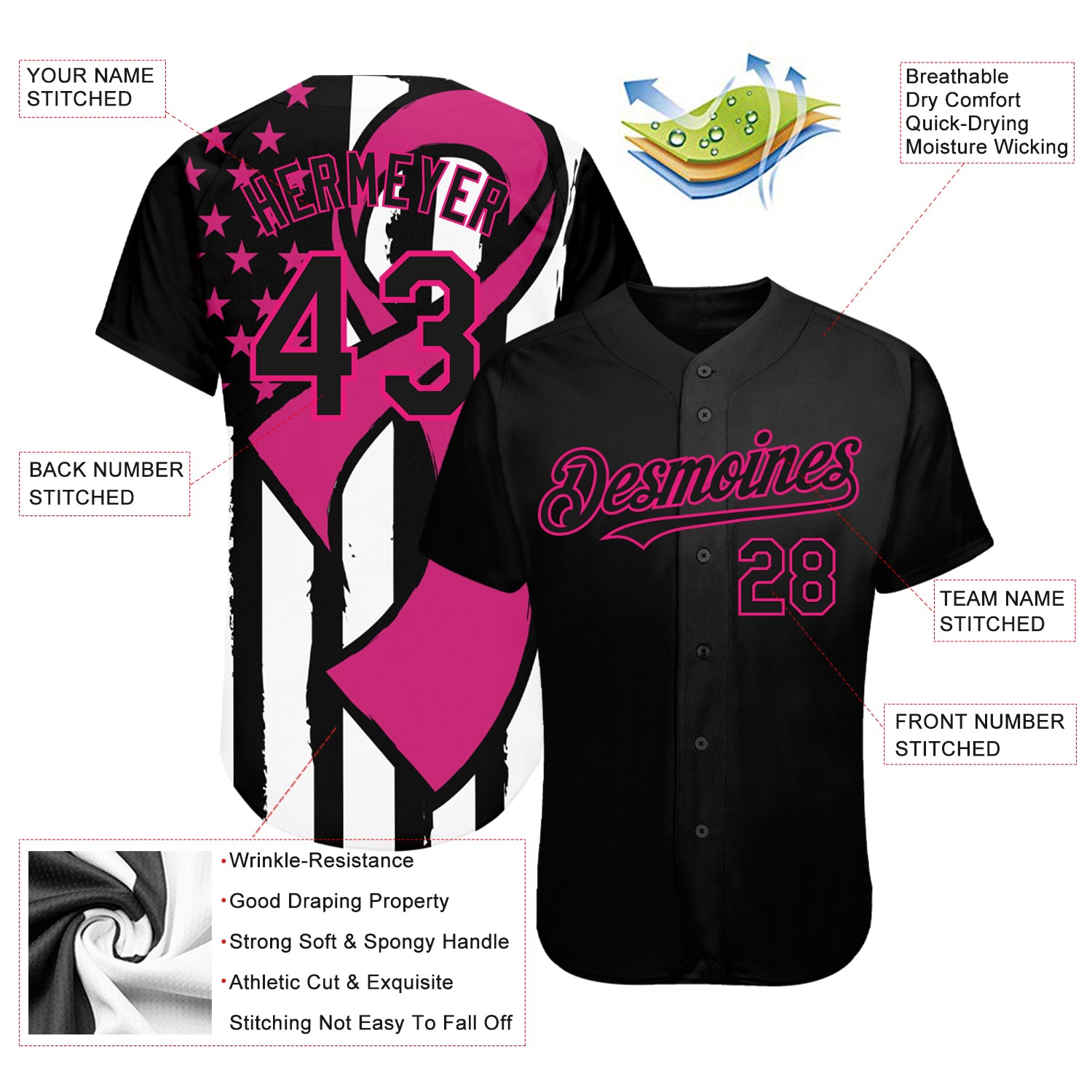 Personalized 3D Pink Ribbon Breast Cancer Awareness Baseball Jersey for Women - Black Hot Pink White Color Support Apparel - Image 3