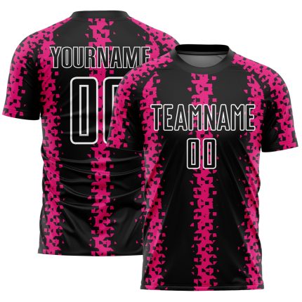 Custom Abstract Geometric Soccer Jersey - Personalized Black Hot Pink White Team Uniform with Name and Number Personalized