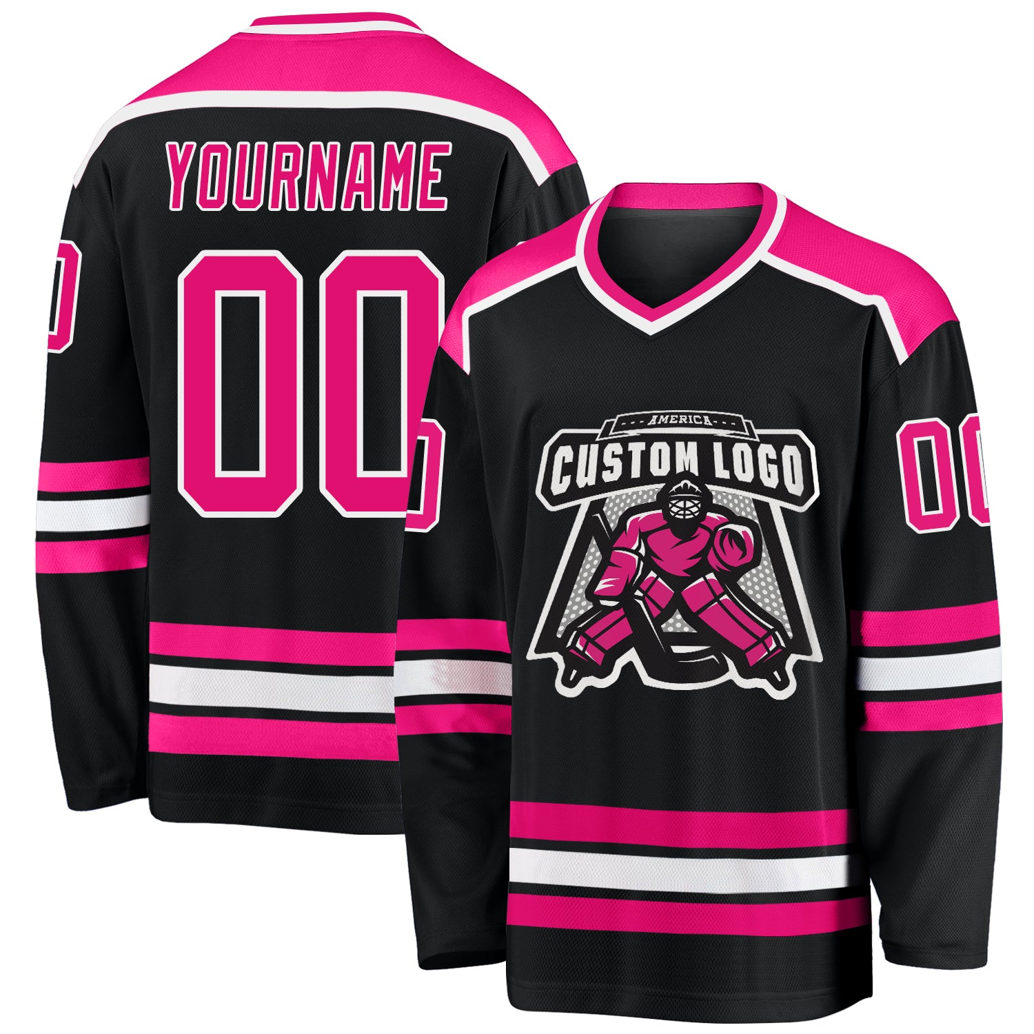 Personalized Hot Pink and White Black Hockey Jersey for Men and Women Personalized Black Hot Pink-White Hockey Jersey