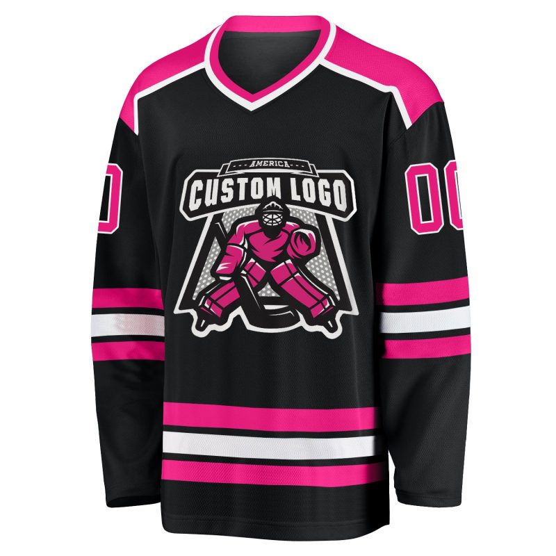 Personalized Hot Pink and White Black Hockey Jersey for Men and Women Personalized Black Hot Pink-White Hockey Jersey