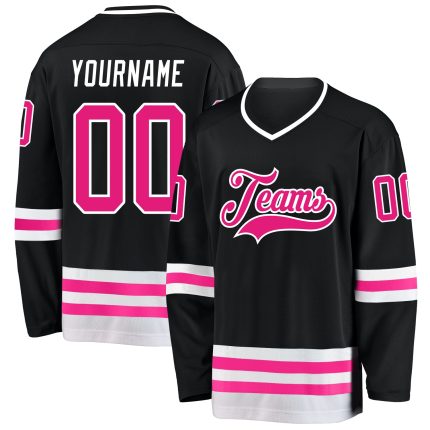 Personalized Black Hot Pink White Hockey Jersey - Custom Team Jersey for Players Personalized Black Hot Pink-White Hockey