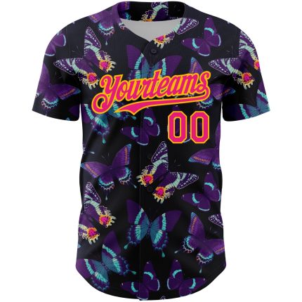 Custom Name & Number Personalized Baseball Jersey, Black Hot Pink Yellow 3D Butterfly Pattern Design Personalized Black Hot