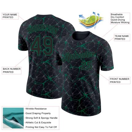 Custom Black Kelly Green 3D Abstract Performance T-Shirt for Men and Women Personalized Black Kelly Green 3D Abstract Network