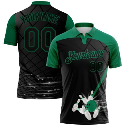 Custom 3D Bowling Performance Polo Shirt in Black and Kelly Green - Personalized Design Personalized Black Kelly Green 3D