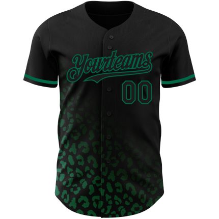 Personalized 3D Leopard Print Fade Baseball Jersey in Black and Kelly Green - Fashionable Design Personalized Black Kelly