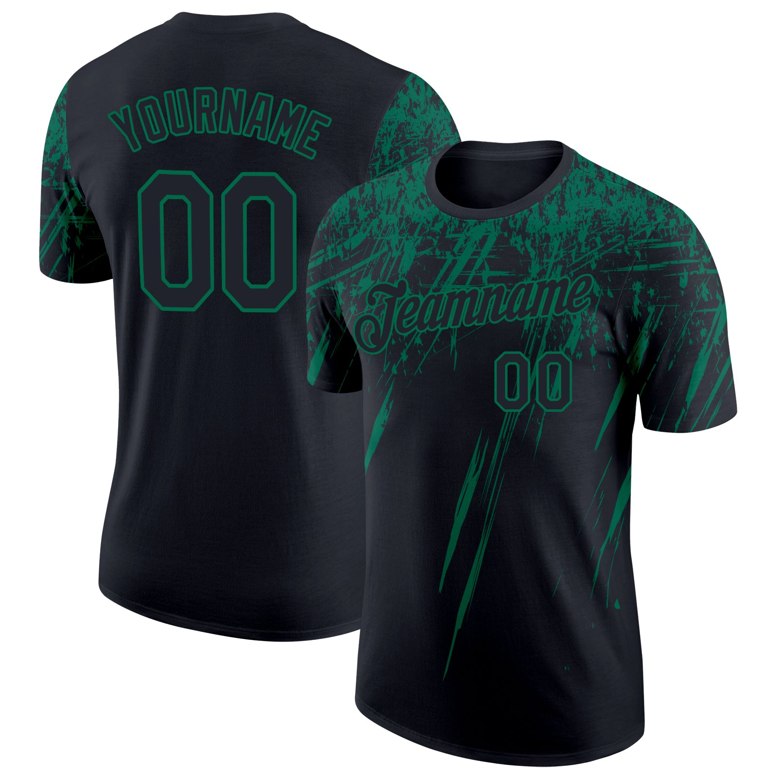 Custom Team Performance T-Shirt with Name and Number - Personalized Black and Kelly Green 3D Abstract Sharp Design Personalized