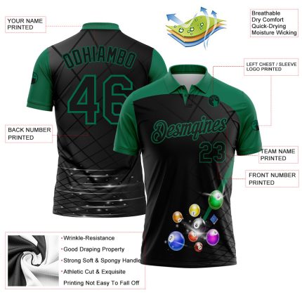 Custom Name Number Billiards Polo Shirt Personalized 3D Pattern Black Kelly Green Performance Team Apparel Personalized Black