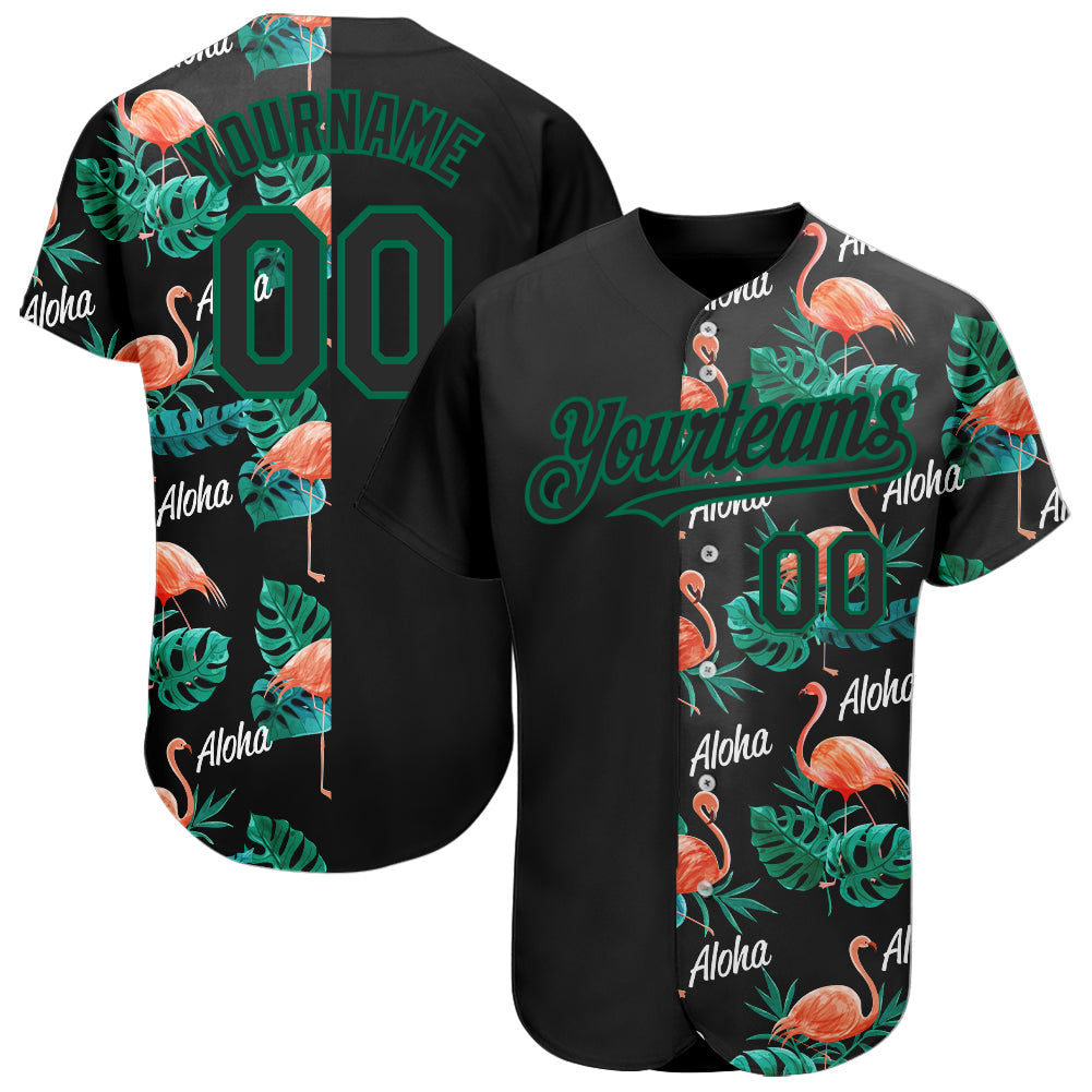 Personalized Hawaii Flamingos and Leaves Baseball Jersey with Custom Name and Number - Black Kelly Green 3D Pattern Design