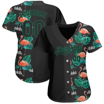 Personalized Hawaii Flamingos and Leaves Baseball Jersey with Custom Name and Number - Black Kelly Green 3D Pattern Design