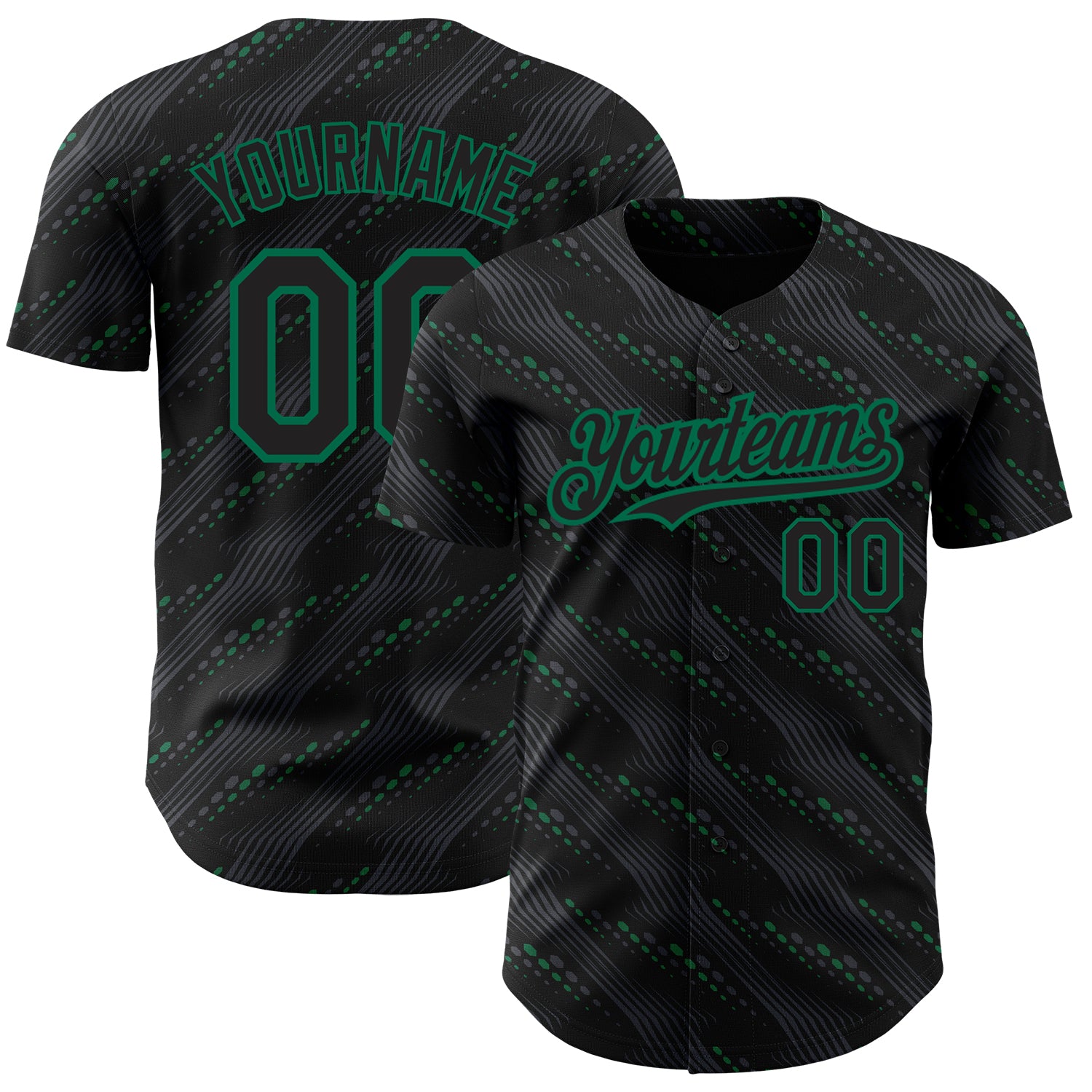 Custom Name and Number Baseball Jersey - Personalized Black and Kelly Green 3D Slant Lines Design Personalized Black Kelly