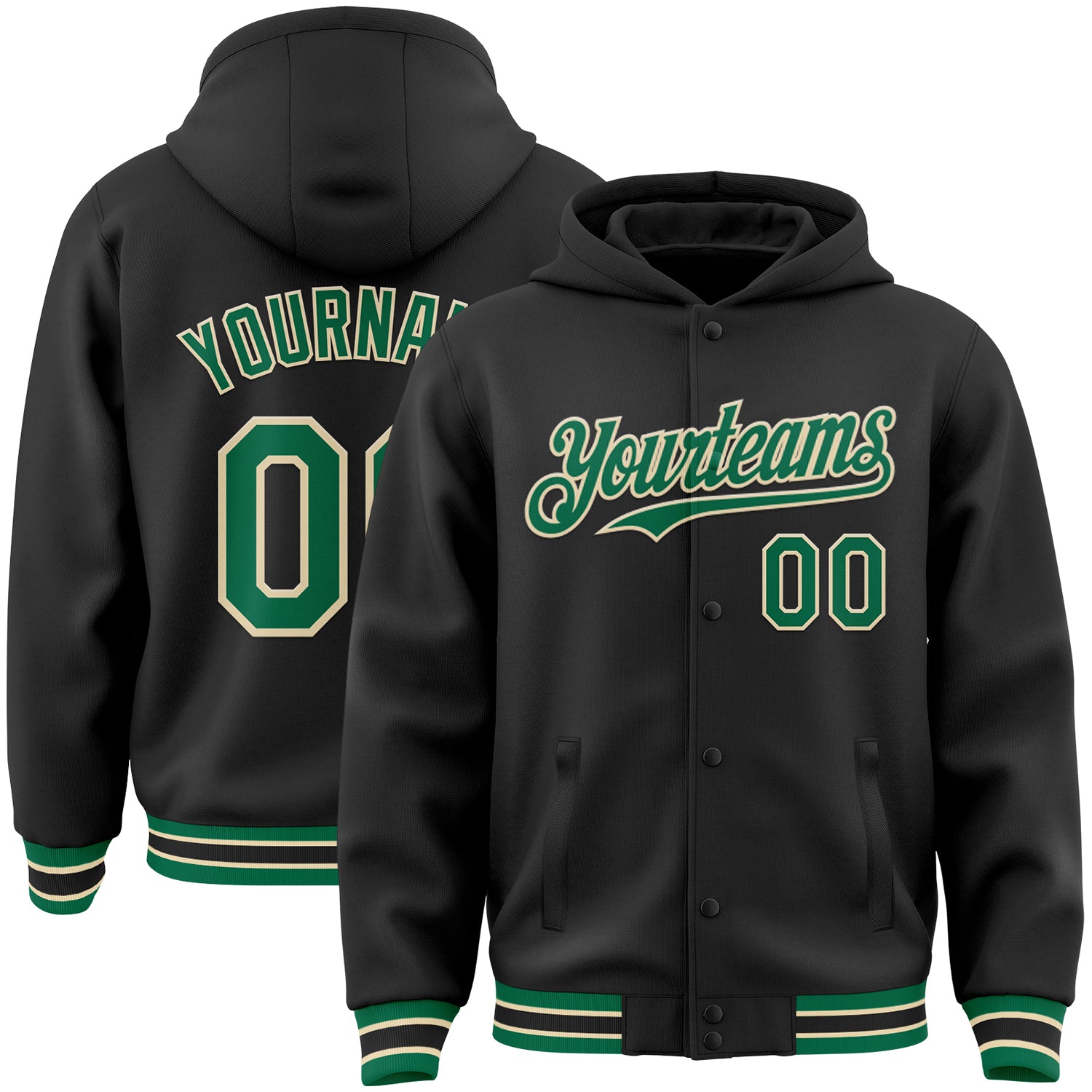 Custom Name Number Varsity Hoodie Jacket Black Kelly Green-Cream Bomber Full-Snap Letterman Design Personalized Black Kelly