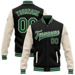 Personalized Varsity Letterman Bomber Jacket Black Green Cream Full-Snap Two Tone Personalized Black Kelly Green-Cream Bomber