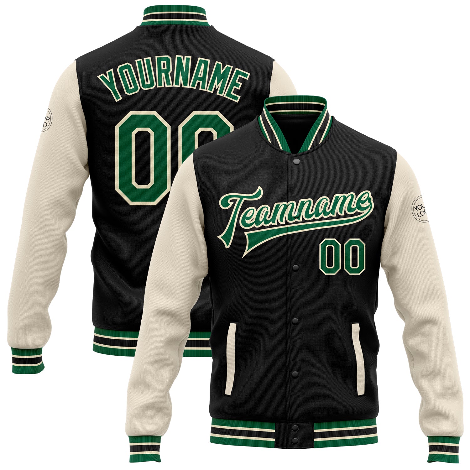 Personalized Two Tone Black Kelly Green Cream Bomber Varsity Letterman Full-Snap Jacket Personalized Black Kelly Green-Cream