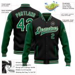Custom Name and Number Two Tone Bomber Varsity Letterman Jacket in Black and Kelly Green-Cream Personalized Black Kelly Green-Cream