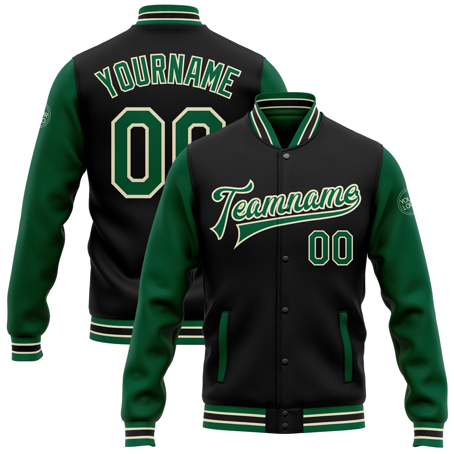 Personalized Two Tone Black Kelly Green Varsity Bomber Letterman Jacket Full-Snap Personalized Black Kelly Green-Cream Bomber