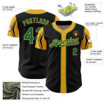 Custom Authentic Baseball Jersey in Black, Kelly Green, and Gold - Personalized Team Name and Number, 3 Color Arm Shapes