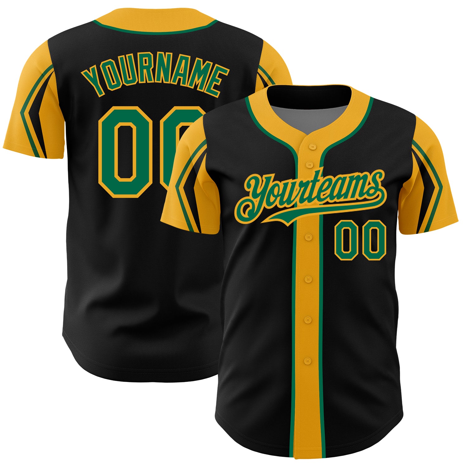 Custom Authentic Baseball Jersey in Black, Kelly Green, and Gold - Personalized Team Name and Number, 3 Color Arm Shapes