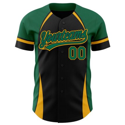 Personalized Black Gold 3D Curve Baseball Jersey | Custom Kelly Green Solid Design Personalized Black Kelly Green-Gold 3D