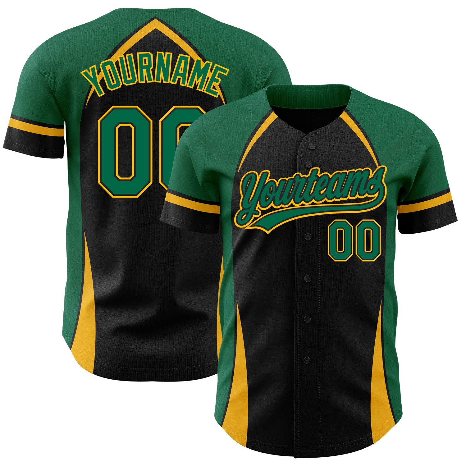 Personalized Black Gold 3D Curve Baseball Jersey | Custom Kelly Green Solid Design Personalized Black Kelly Green-Gold 3D