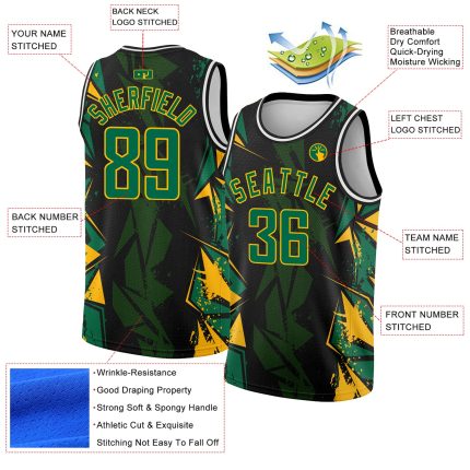 Personalized Black Kelly Green Gold Basketball Jersey 3D Geometric Shapes Personalized Black Kelly Green-Gold 3D Geometric