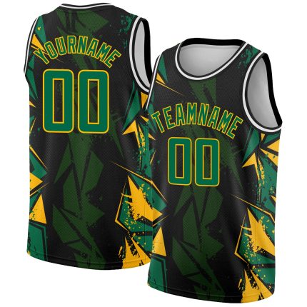 Custom Basketball Jersey with 3D Geometric Shapes in Black and Kelly Green-Gold - Personalized Name and Number Personalized