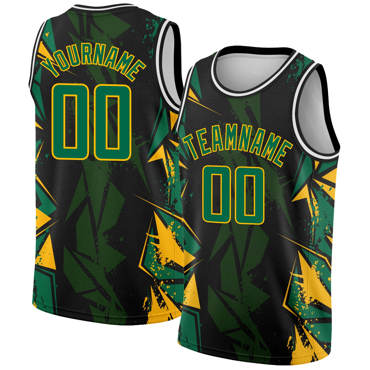 Custom Team Basketball Jersey - Personalized 3D Pattern Black Kelly Green Gold Geometric Shapes with Name & Number 9176 Personalized