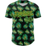 Custom Name Number Tropical Monstera Baseball Jersey Black Kelly Green-Gold 3D Pattern Design Authentic Personalized Black