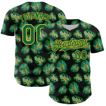 Personalized Tropical Monstera Baseball Jersey in Black Kelly Green-Gold 3D Design Personalized Black Kelly Green-Gold 3D