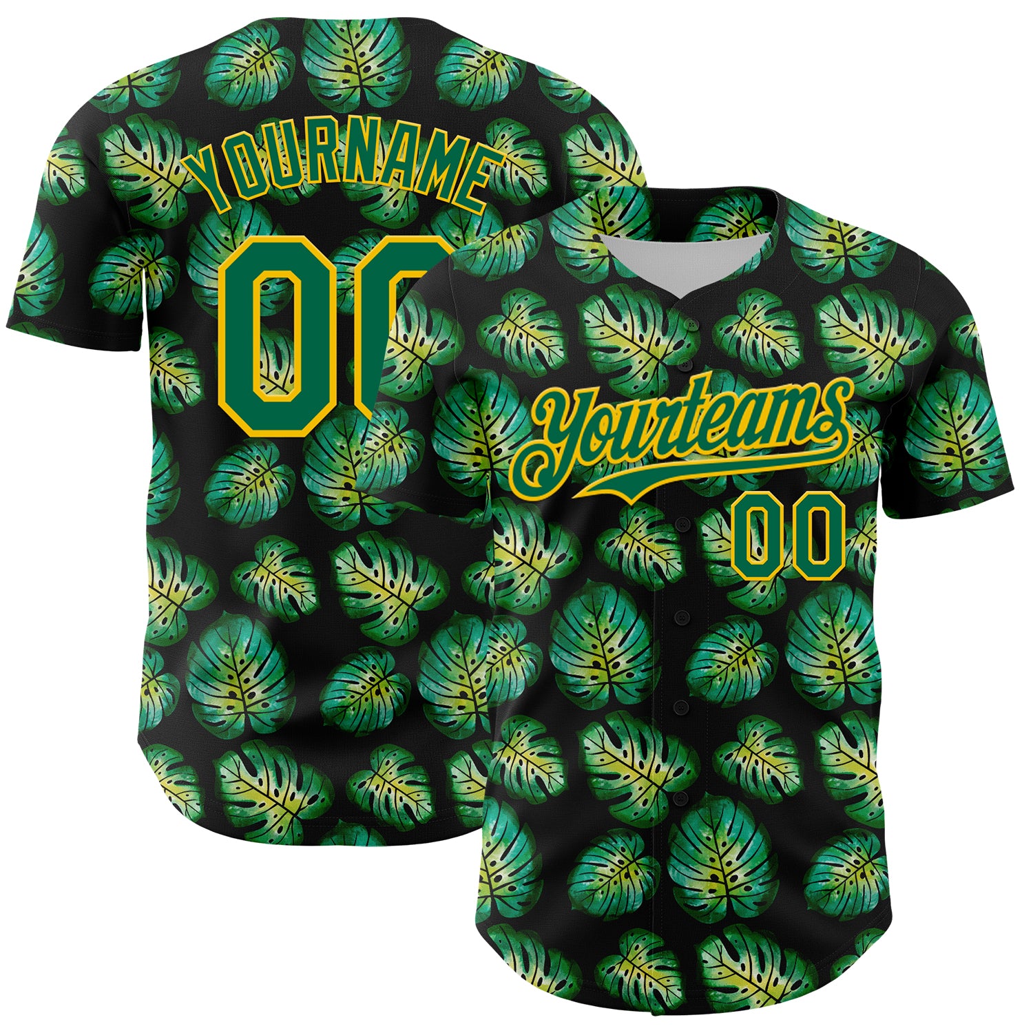 Personalized Tropical Monstera Baseball Jersey in Black Kelly Green-Gold 3D Design Personalized Black Kelly Green-Gold 3D