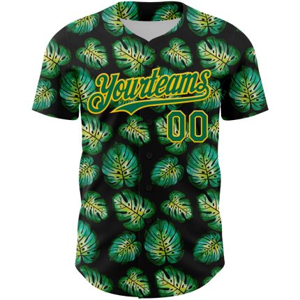 Personalized Tropical Monstera Baseball Jersey in Black Kelly Green-Gold 3D Design Personalized Black Kelly Green-Gold 3D