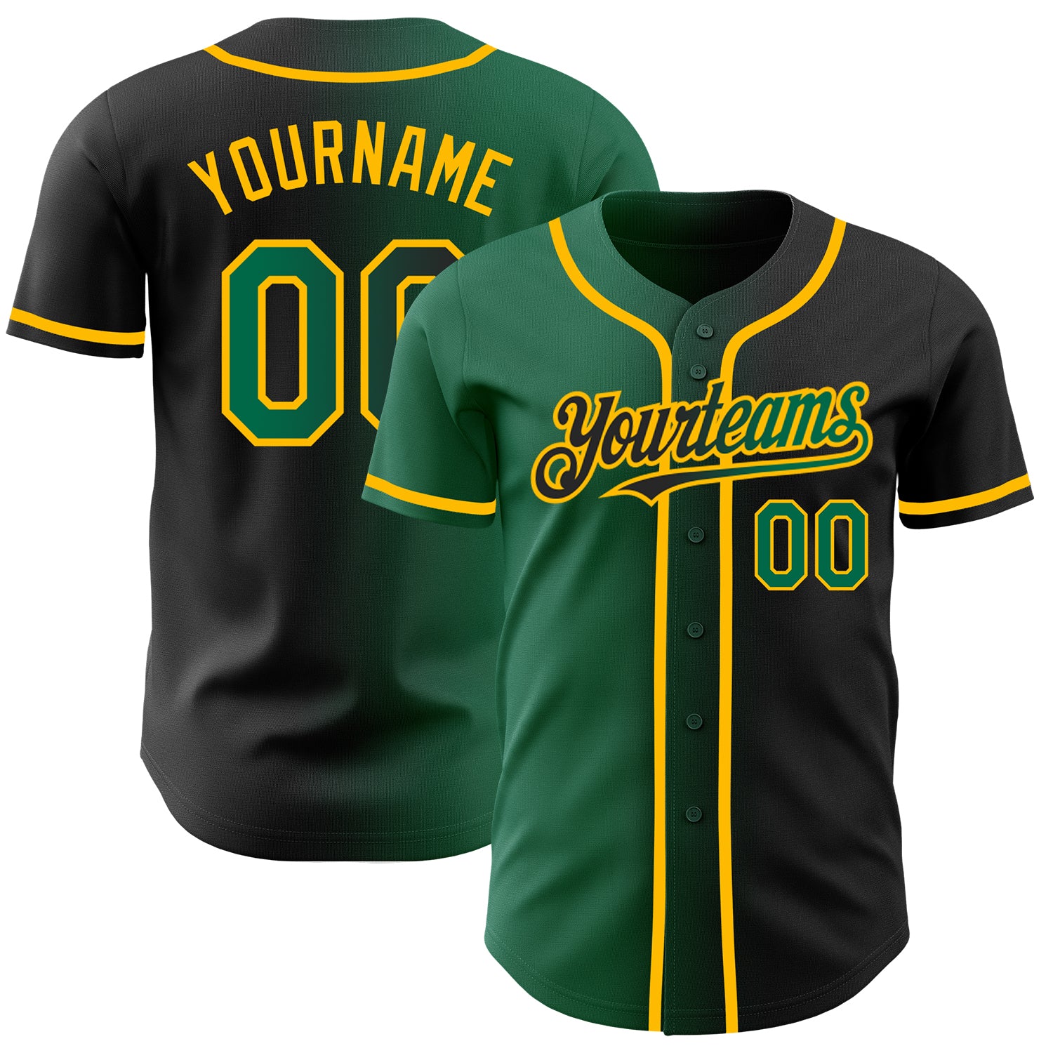 Personalized Custom Name and Number Black Kelly Green-Gold Gradient Baseball Jersey - Authentic Fashion Team Apparel Personalized