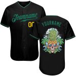 Custom Personalized Authentic Baseball Jersey - Black Kelly Green Gold Skull Pineapple Head with Name & Number Personalized
