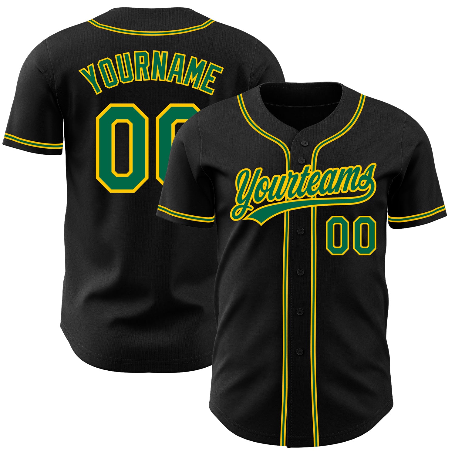 Personalized Green Gold Baseball Jersey for Men Women - Black Colorful Design Personalized Black Kelly Green-Gold Baseball