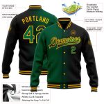 Personalized Black Green Gold Gradient Varsity Letterman Bomber Jacket Full-Snap Fashion Personalized Black Kelly Green-Gold